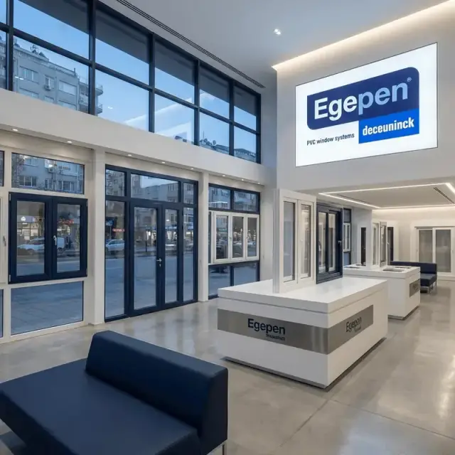 Egepen Deceuninck PVC pencere ve kapı numunelerinin sergilendiği showroom — temsilî görsel